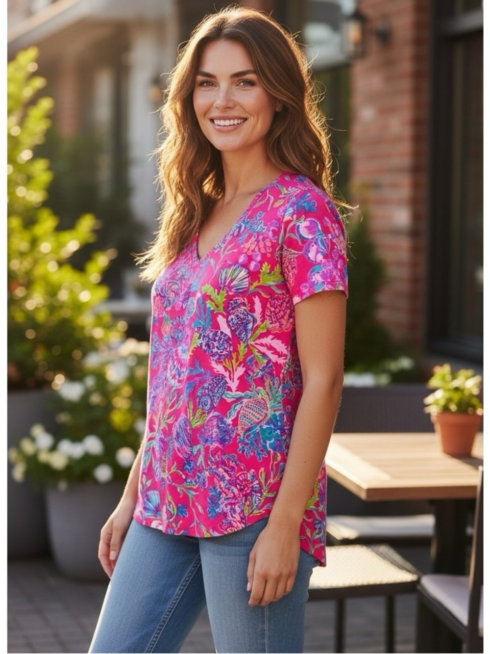Lilly Pulitzer Etta V-Neck Pink Isle Shell Me Something Good Top